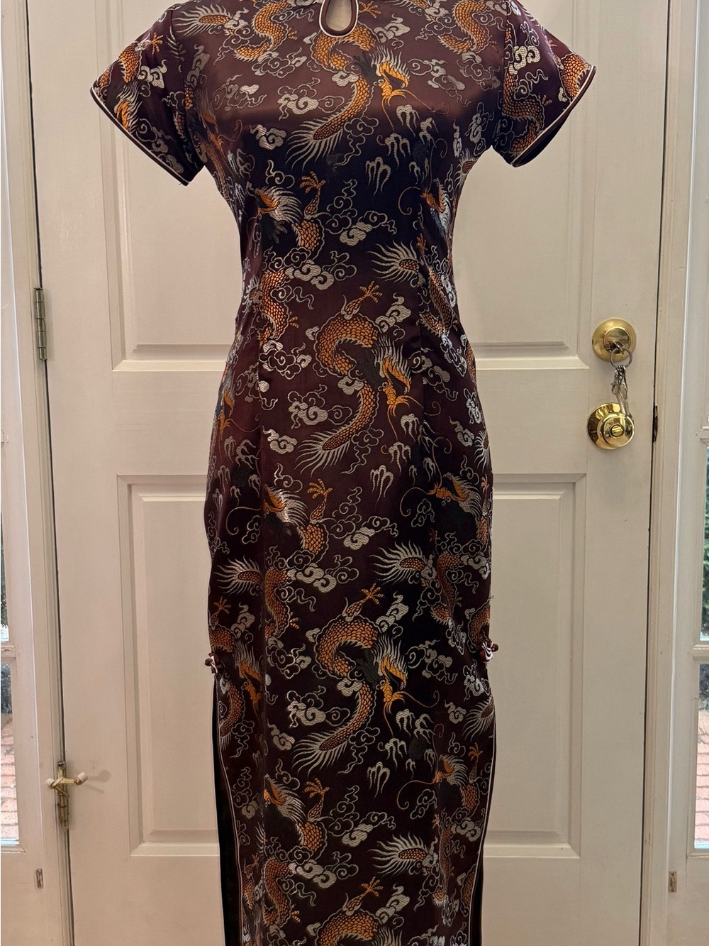 Brown Dragon-Print Cheongsam Dress